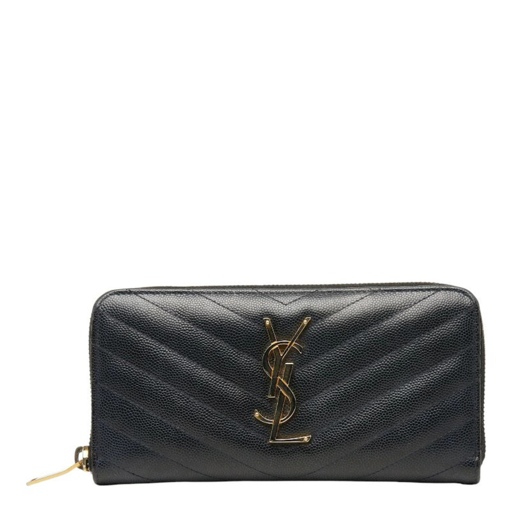 Saint Laurent Monogram YSL Round Zip Long Wallet Black Leather